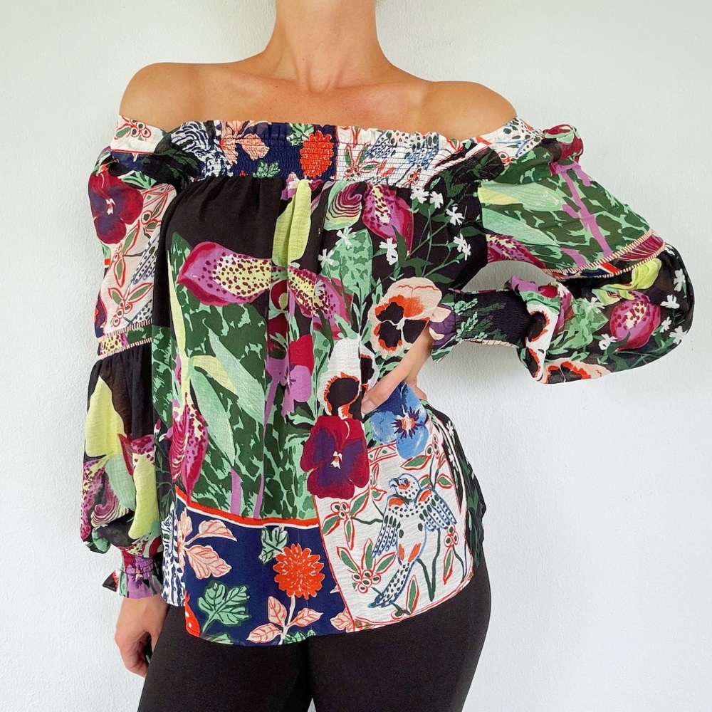 Anthropologie Lil Sire black colorful floral long sleeve off-shoulder blouse XS